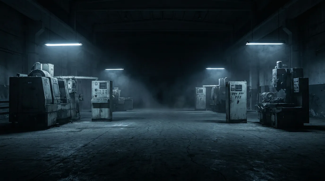 A cold, dark factory floor where old machines stand isolated and disconnected — the dark age of industry