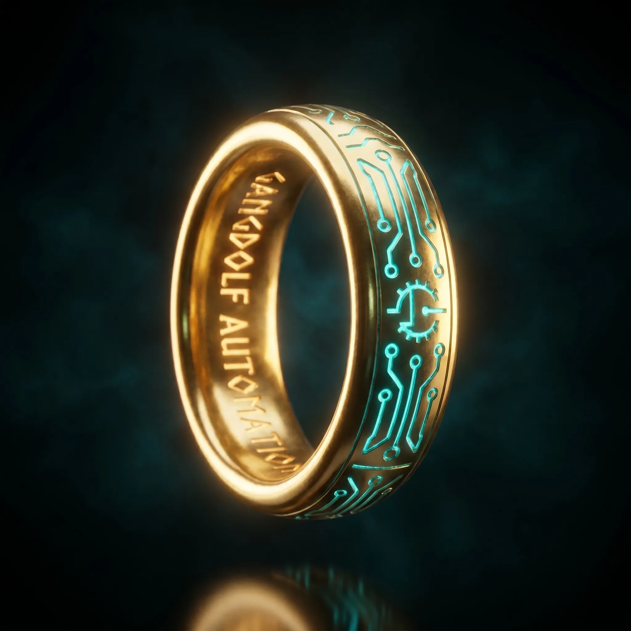 The Gangdolf ring — a gold band inscribed with glowing industrial network traces, representing one connected factory system