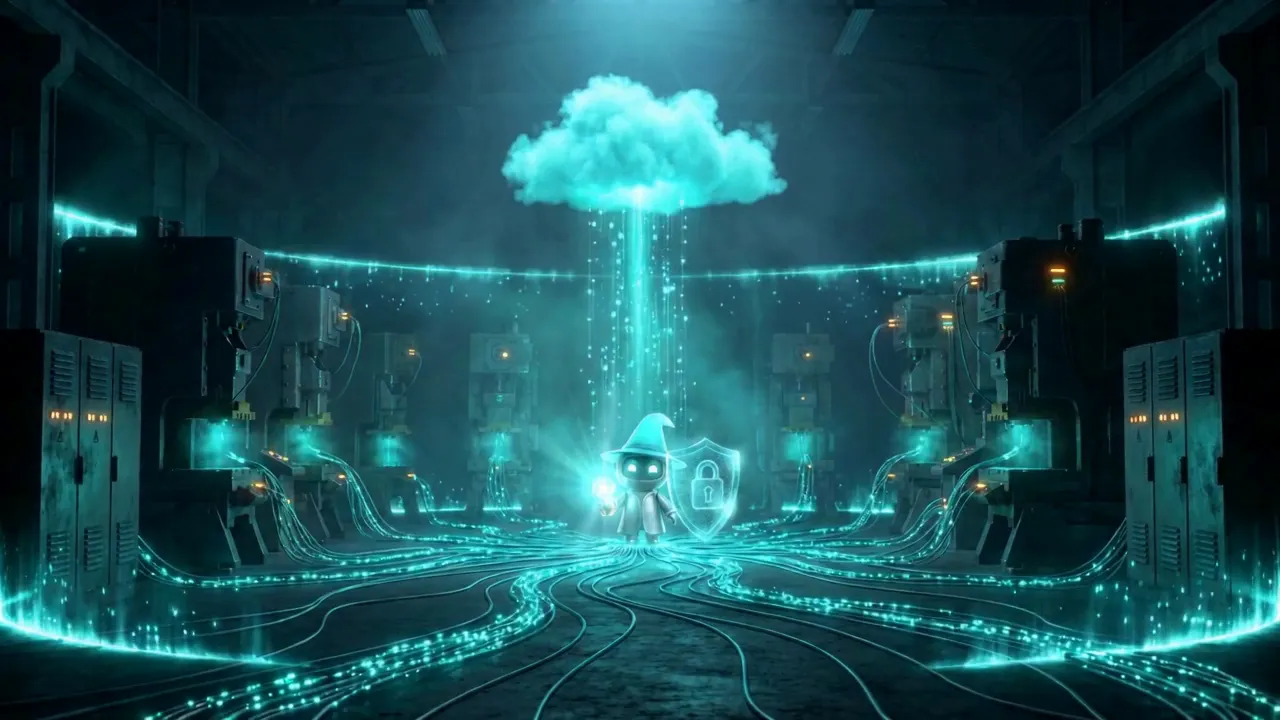 Gangdolf the robot-wizard at the centre of a fully connected factory: glowing network cables link every machine, data streams to a cloud ERP above, all secured behind an on-premise shield